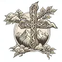 Wooden cross on moutain range outline tattoo design idea