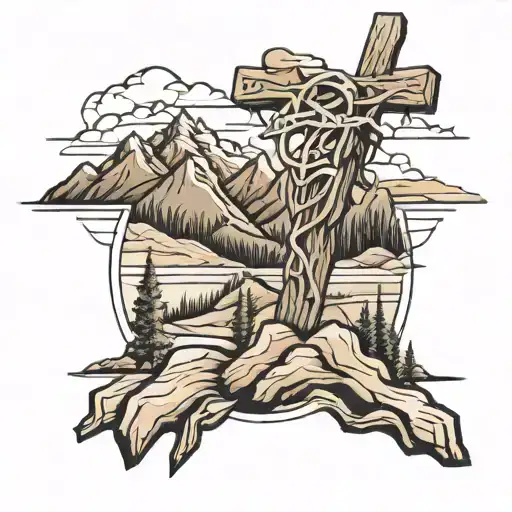 Wooden cross on moutain range outline tattoo design idea