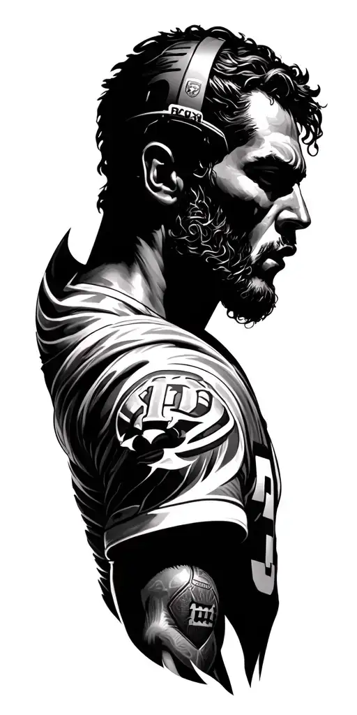 Full arm man who is over God the betrayal and double -face people, motivation and football tattoo design idea