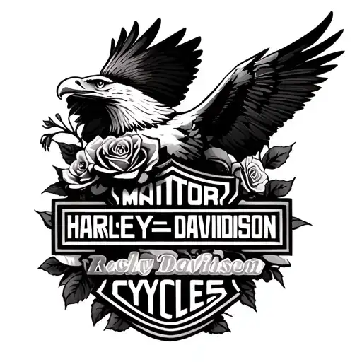 a black realistic shaded Harley Davidson logo with soft  shaded roses and a beautiful realistic eagle tattoo design idea