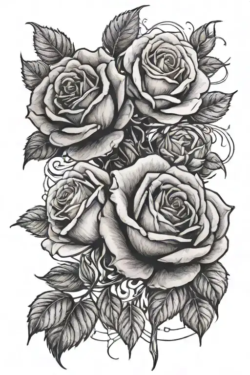 two roses, one bloomed, and one not yet bloomed, one bloomed half wilted with petals, the stems intertwining tattoo design idea