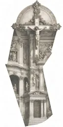 The inside of a catholic church with an upside down cross tattoo design idea