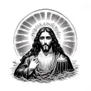 "messiah" with linework sunrise above tattoo design idea