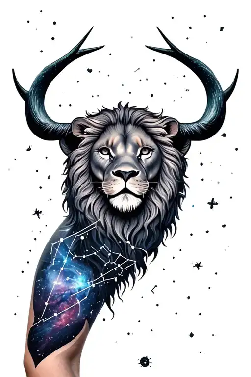 Tattoo on the arm of a lion's head in a galaxy with the constellations Taurus, Virgo and Capricorn tattoo design idea