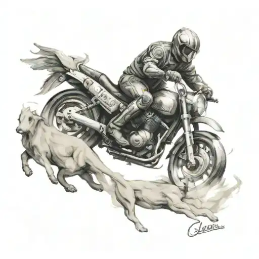 Create a sleeve tattoo of a motorcycle racing through a mythical Greek landscape, incorporating elements like the Parthenon or Cerberus, in a black-grey style tattoo design idea