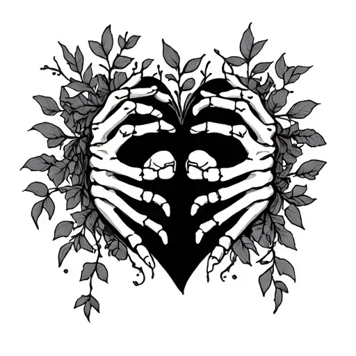 heart shaped skeleton hands with vines around leg tattoo design idea