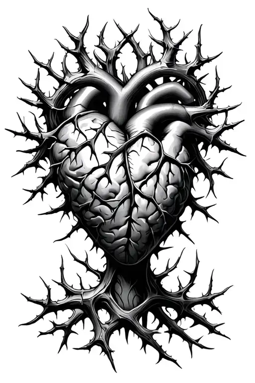 heart in a brain covered in thorns tattoo design idea