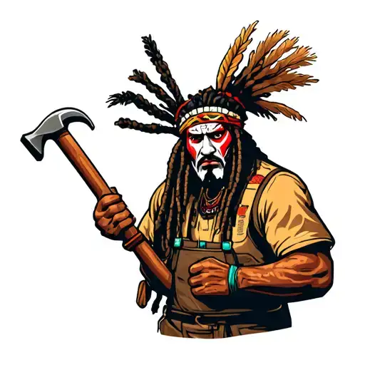 "Indigenous Plumbing " dreadlock painted face Native American plumber holding a slug hammer tattoo design idea