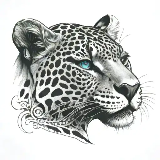 Colombian jaguar face with teal eyes tattoo design idea