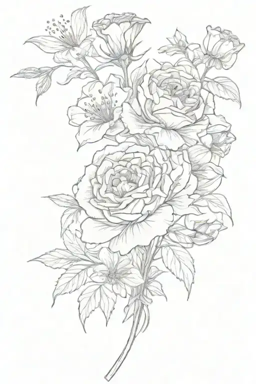 vertical arrangement of carnations, snowdrops, morning glory and aster. include four pointed stars and dots  tattoo design idea