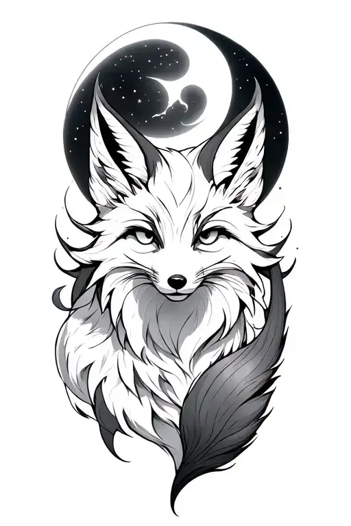 kitsune fox with nine tails and moon tattoo design idea