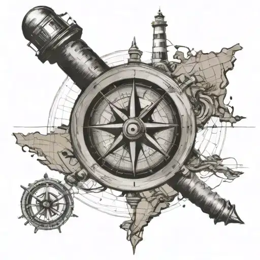 Old world map background with lighthouse surrounder by nautical compass, old rope and wooden steering wheel tattoo design idea