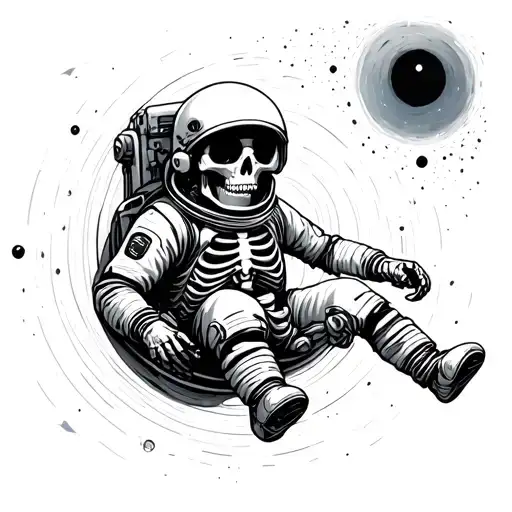 dead skeleton astronaut floating toward a blackhole tattoo design idea