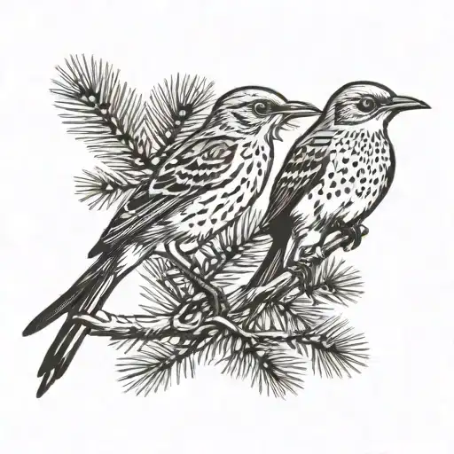 brown thrasher and scissor-tailed fly catcher perched together on a Pine tree branch  tattoo design idea