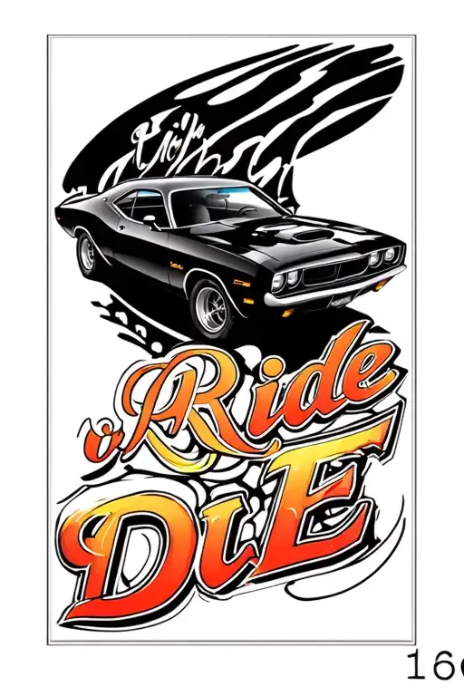 "Ride Or Die" side view of 1970 black Dodge Challenger tattoo design idea
