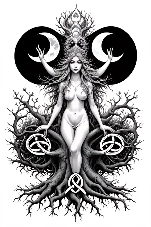 tree nymph with triple moon goddess above and trinity knot in the roots tattoo design idea