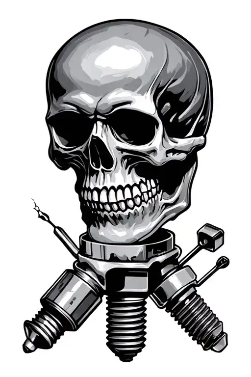 skulls and piston rods spark plugs tattoo design idea