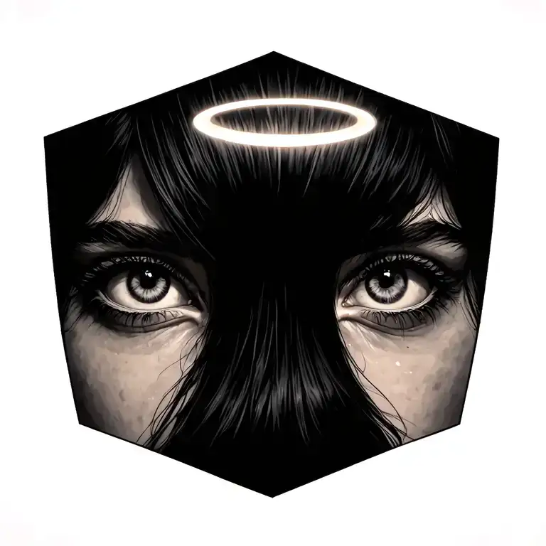 tattoo of my girlfriend’s eyes, centered across the upper back. Above the eyes, a subtle glowing halo or thin ornamental tattoo design idea
