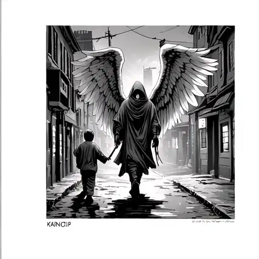 Angel of death in hood walking away leading 5 year old boy away on a dimly lit street. View from behind. Single street l tattoo design idea