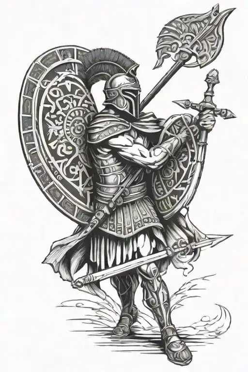 Greek ancient warrior with helmet shield and spear. tattoo design idea