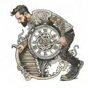 man walking up stairs intro a broken big watch surrounded tattoo design idea
