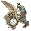 man walking up stairs intro a broken big watch surrounded tattoo design idea