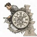 man walking up stairs intro a broken big watch surrounded tattoo design idea