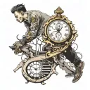 man walking up stairs intro a broken big watch surrounded tattoo design idea
