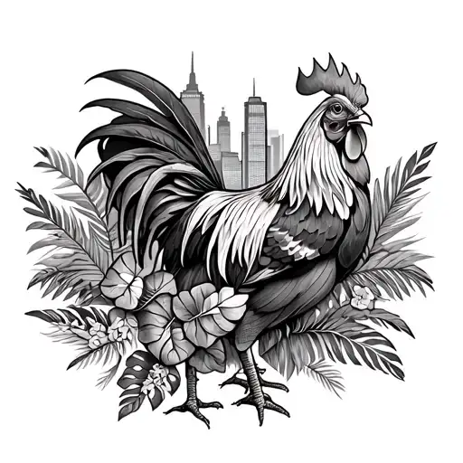 An intricate black-grey tattoo of a rooster with tropical foliage and Detroit landmarks incorporated into the design tattoo design idea