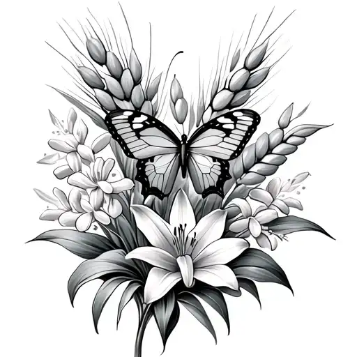 ears of wheat, lily flowers, hyacinth, butterfly tattoo design idea