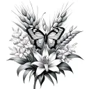 ears of wheat, lily flowers, hyacinth, butterfly tattoo design idea