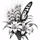 ears of wheat, lily flowers, hyacinth, butterfly tattoo design idea