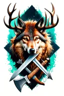 "You have my swords " "You have my swords " stag,wolf, ax & short swords crossed tattoo design idea
