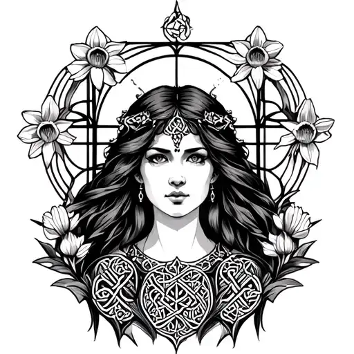 Celtic Goddess, Rhiannon. surrounded by gates and daffodils tattoo design idea