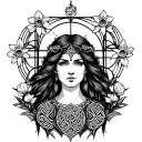 Celtic Goddess, Rhiannon. surrounded by gates and daffodils tattoo design idea