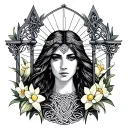 Celtic Goddess, Rhiannon. surrounded by gates and daffodils tattoo design idea