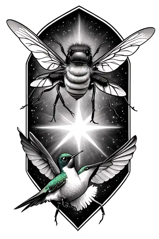 Create a realistic tattoo with a bee on the left, a hummingbird on the right, and a star in the center. With shading. tattoo design idea