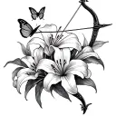 bow and arrow with stargazer Lillies and butterfly tattoo design idea