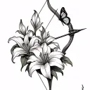 bow and arrow with stargazer Lillies and butterfly tattoo design idea