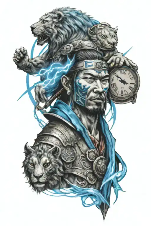 samurai warrior with bright blue lightening   lions head and 2 clocks showing roman numerals tattoo design idea