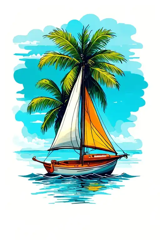 palm tree sailboat travel south serenite and calm all in color with an ara tattoo design idea