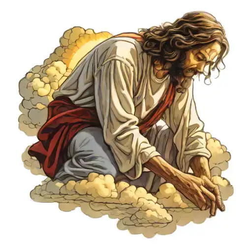 Jesus on cross clouds and sunlight shining, man at jesus's feet kneeling down and praying tattoo design idea