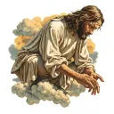 Jesus on cross clouds and sunlight shining, man at jesus's feet kneeling down and praying tattoo design idea