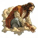 Jesus on cross clouds and sunlight shining, man at jesus's feet kneeling down and praying tattoo design idea