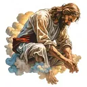 Jesus on cross clouds and sunlight shining, man at jesus's feet kneeling down and praying tattoo design idea