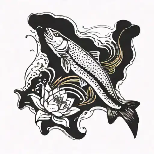 A trout jumping out of a water lily pond tattoo design idea
