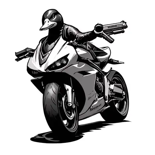 Duck sitting on the motorbike kawasaki ninja h2r holding a pistol tattoo design idea