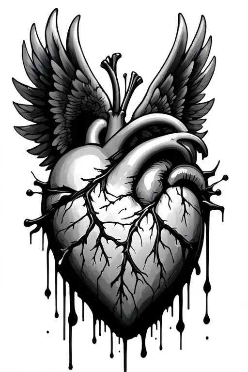 bleeding broken human heart with wings spread wide tattoo design idea