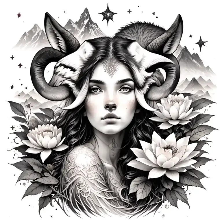 Aries women Surrounded By Poeny And Lotus Flowers growing With A Wolf And Mountains Range and mars and stars in the sky tattoo design idea