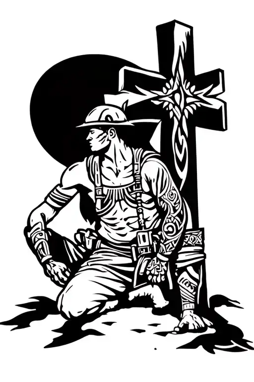 soldier kneeling beside cross tattoo design idea